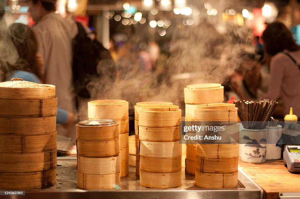 Steam from Bamboo steamer in market