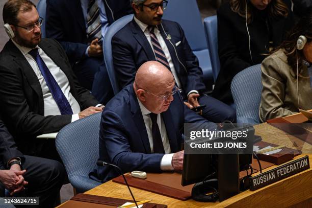 Permanent Representative of the Russian Federation to the United Nations Vasily Nebenzya attends a United Nations Security Council meeting to discuss...