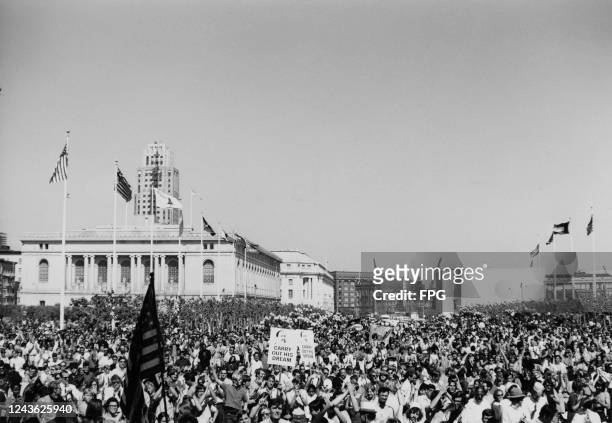 Crowds gather at a peace rally at the Civic Center in San Francisco, in honour of assassinated civil rights leader Martin Luther King Jr, 27th April...