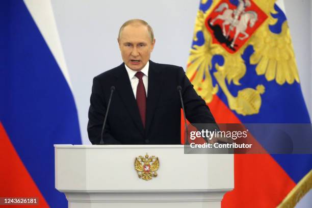 Russian President Vladimir Putin speaks during the signing ceremony with separatist leaders on the annexation of four Ukrainian regions at the Grand...