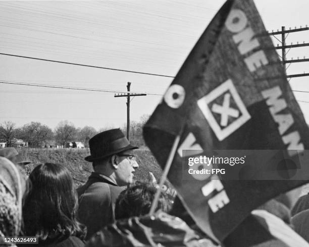 March from Selma to Montgomery in Alabama, as a protest against systemic racism, March 1965. One banner reads 'One man, no vote', in protest against...