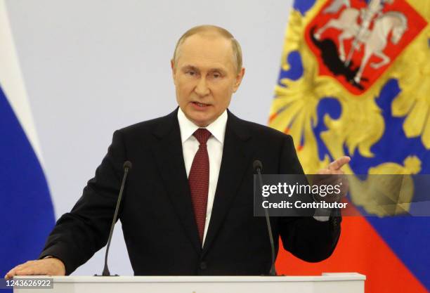 Russian President Vladimir Putin speaks during the signing ceremony with separatist leaders on the annexation of four Ukrainian regions at the Grand...