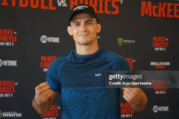 Adam Borics speaks to the media during the Bellator 286 media day on September 29 at the Sheraton Gateway Los Angeles Hotel in Los Angeles, CA.