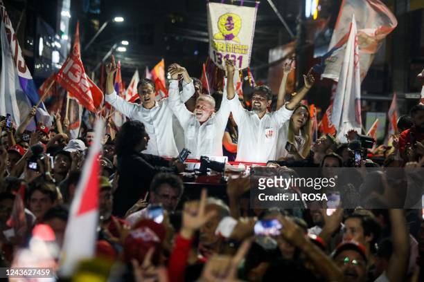 Brazil's former President and presidential candidate for the leftist Workers Party Luiz Inacio Lula da Silva cheers during a political rally at the...
