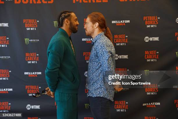 McKee vs. Spike Carlyle face-off for the first time ahead of their bout during the Bellator 286 media day on September 29 at the Sheraton Gateway Los...