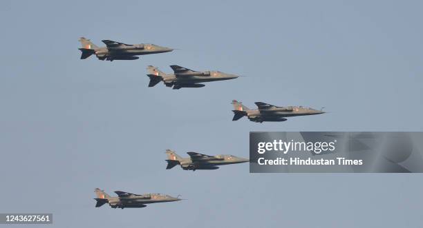 Indian Air Force Jaguar aircrafts during a rehearsal for Indian Air Force air show at Sukhna Lake on September 30, 2022 in Chandigarh, India.