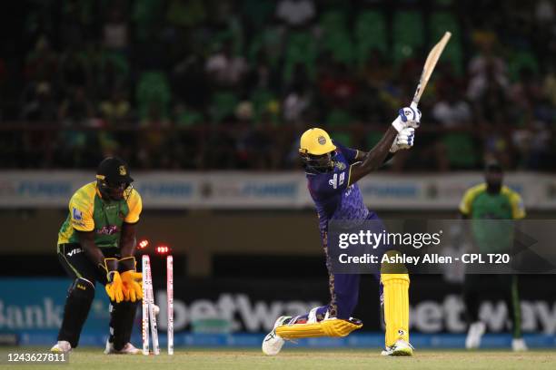 Jason Holder of Barbados Royals is bowled by Imad Wasim of Jamaica Tallawahs during the Men's 2022 Hero Caribbean Premier League Final between...