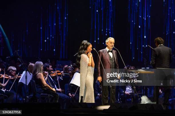Nicole Scherzinger and Andrea Bocelli perform at The O2 Arena on September 30, 2022 in London, England.