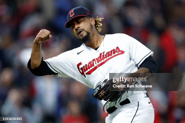 Emmanuel Clase of the Cleveland Guardians celebrates his team's 6-3 win against the Kansas City Royals at Progressive Field on September 30, 2022 in...