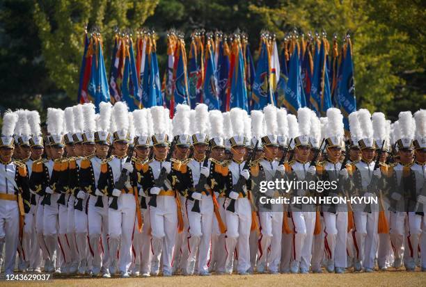 This picture taken on September 29, 2022 and released on October 1, 2022 shows South Korean Army soldiers participating on media day for the 74th...