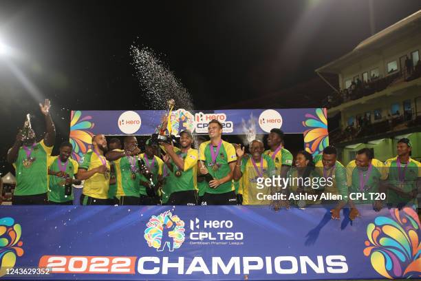 Jamaica Tallawahs celebrate winning the final after the Men's 2022 Hero Caribbean Premier League Final between Barbados Royals and Jamaica Tallawahs...