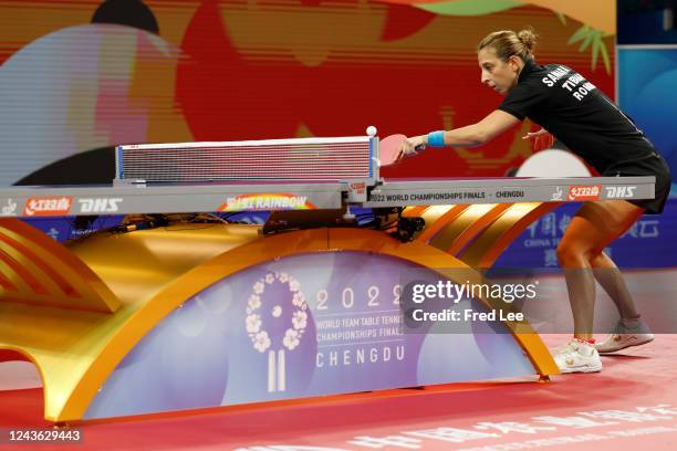 Elizabeta Samara of Romania competes against Chen Szu-Yu of Chinese Taipei during 2022 ITTF World Team Championships Finals - Day 2 at Chengdu...