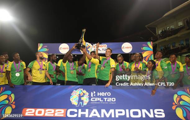 Jamaica Tallawahs celebrate winning the final after the Men's 2022 Hero Caribbean Premier League Final between Barbados Royals and Jamaica Tallawahs...