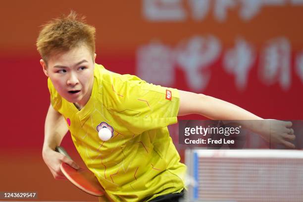 Chen Szu-Yu of Chinese Taipei competes against Elizabeta Samara of Romania during 2022 ITTF World Team Championships Finals - Day 2 at Chengdu...