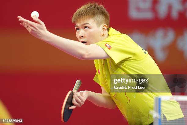 Chen Szu-Yu of Chinese Taipei competes against Elizabeta Samara of Romania during 2022 ITTF World Team Championships Finals - Day 2 at Chengdu...