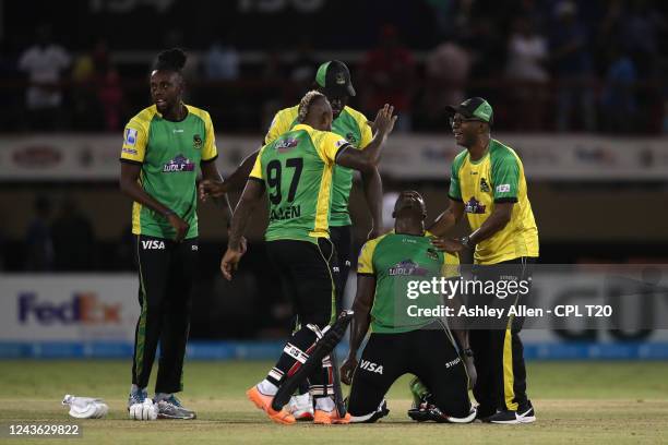 Jamaica Tallawahs celebrate winning the match during the Men's 2022 Hero Caribbean Premier League Final between Barbados Royals and Jamaica Tallawahs...