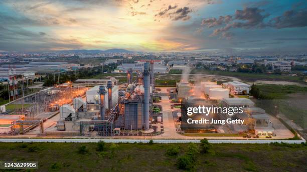 aerial view gas turbine electrical power plant in industrial estate. power plant at sunset. - gas turbine electrical power plant stock pictures, royalty-free photos & images