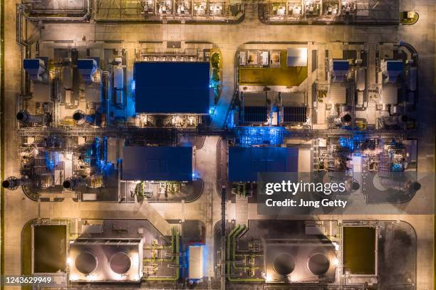 aerial view gas turbine electrical power plant in industrial estate. power plant at sunset. - gas turbine electrical power plant stock pictures, royalty-free photos & images