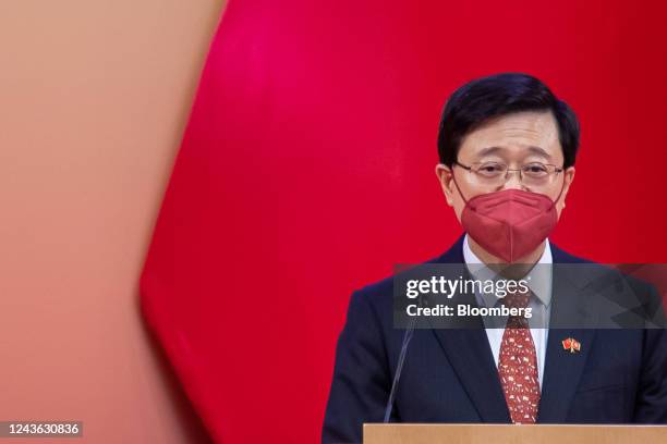 John Lee, Hong Kong's chief executive, speaks during a reception to celebrate National Day in Hong Kong, China, on Saturday, Oct. 1, 2022. Hong Kong...