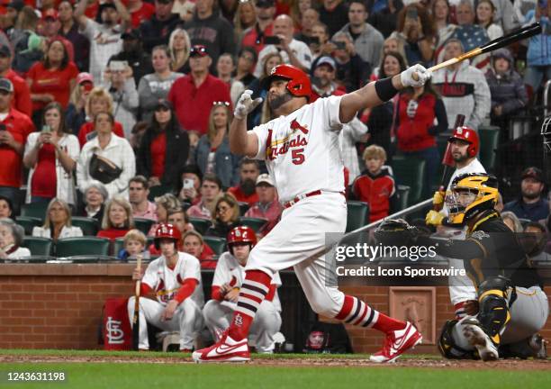 St. Louis Cardinals designated hitter Albert Pujols hits 701st home run in the fourth inning during a MLB game between the Pittsburgh Pirates and the...