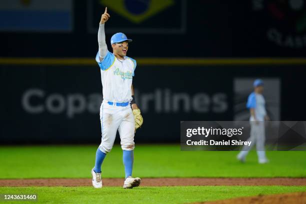 Andres Kim of Team Argentina reacts in the ninth inning during Game Two between Team Pakistan and Team Argentina at Rod Carew National Stadium on...