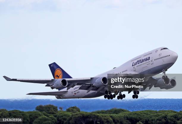 Boeing 747-430, from Lufthansa company, taking off from Barcelona airport, in Barcelona on 30th September 2022. --