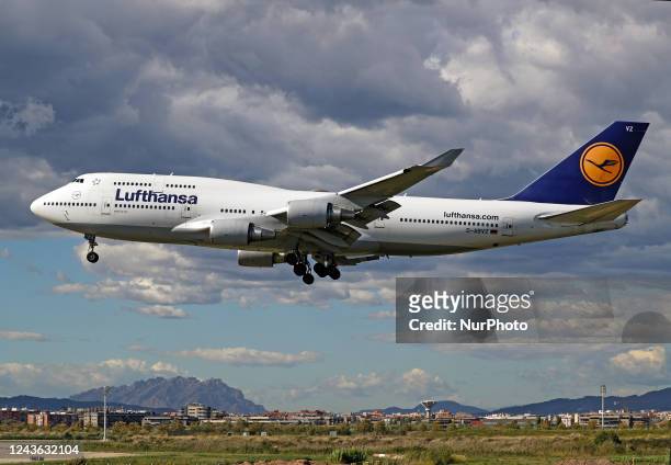 Boeing 747-430, from Lufthansa company, landing at the Barcelona airport, in Barcelona on 30th September 2022. --