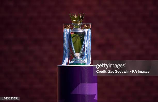 The Premier League trophy on display ahead of the Premier League match at the Emirates Stadium, London. Picture date: Saturday October 1, 2022.