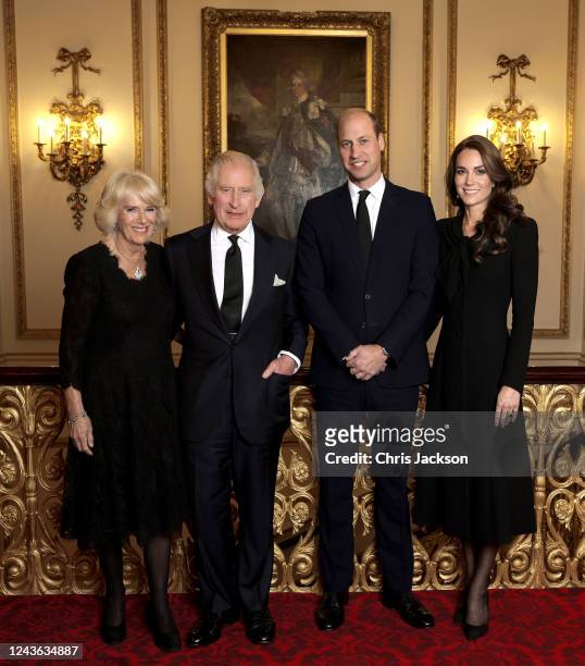 Camilla, Queen Consort, King Charles III, Prince William, Prince of Wales and Catherine, Princess of Wales pose for a photo ahead of their Majesties...