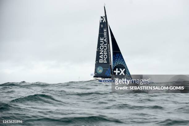 French skipper Armel Le Cleach sails his Ultim multihull «Banque Populaire » at the start of the 24H-Ultim race off Lorient, western France, on...