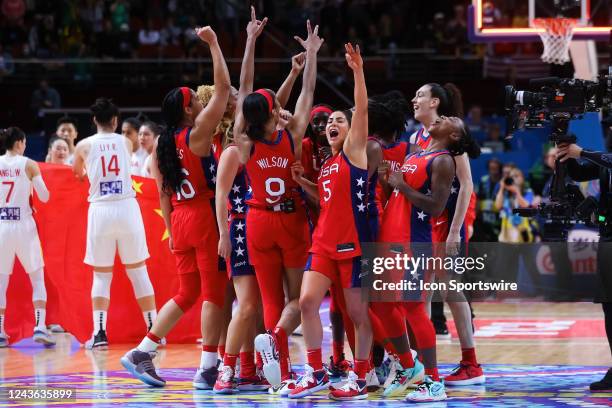 Team USA celebrate winning the World Cup during the FIBA Women's Basketball World Cup Final between USA and China at Sydney Super Dome on October 01,...