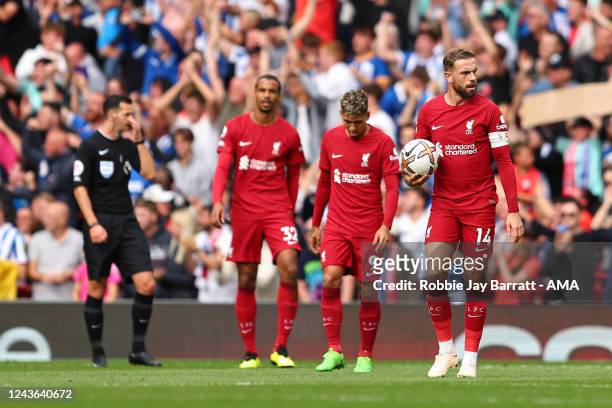 Dejected Jordan Henderson of Liverpool during the Premier League match between Liverpool FC and Brighton & Hove Albion at Anfield on October 1, 2022...