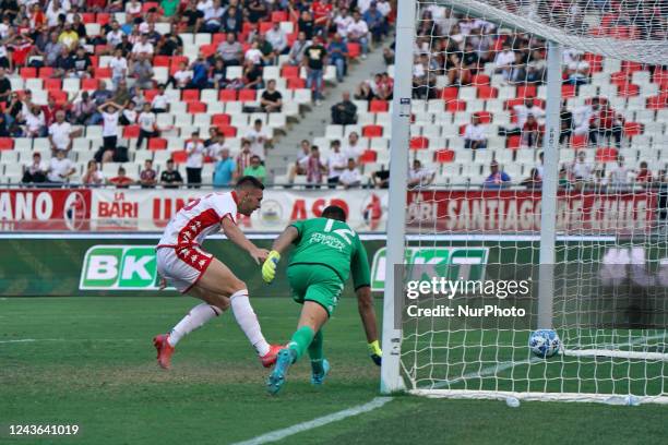 Aurelien Scheidler scores a goal of 6-0 during the Italian soccer Serie B match SSC Bari vs Brescia Calcio on October 01, 2022 at the San Nicola...