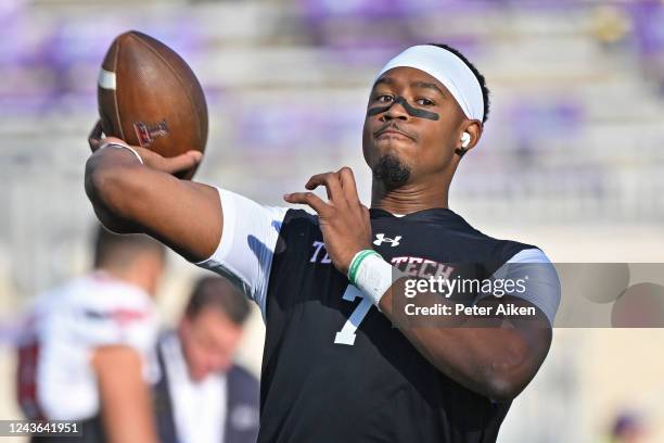 Quarterback Donovan Smith of the Texas Tech Red Raiders works out before a game against the Kansas State Wildcats at Bill Snyder Family Football...