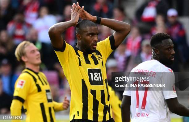 Dortmund's French forward Anthony Modeste reacts during the German first division Bundesliga football match between FC Cologne and Borussia Dortmund...