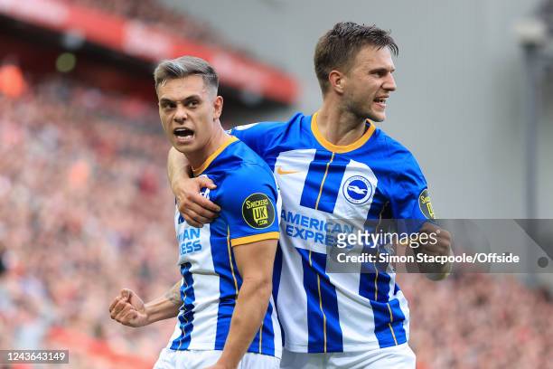 Leandro Trossard of Brighton & Hove Albion celebrates with Joel Veltman of Brighton & Hove Albion after scoring their 3rd goal during the Premier...