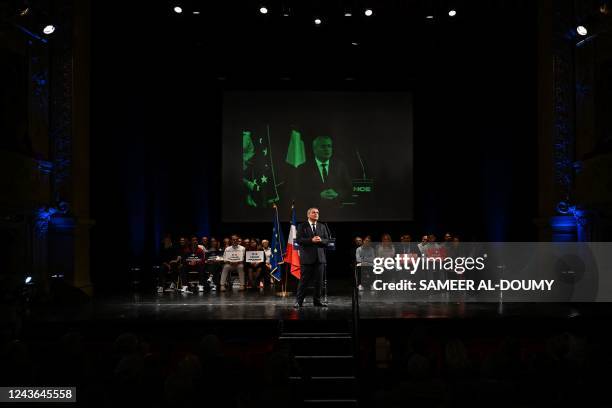 French right-wing Les Republicains party's member and head of the Hauts-de-France regional council Xavier Bertrand delivers a speech as he launches...