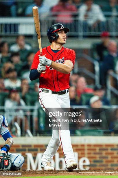 Matt Olson of the Atlanta Braves hits a home run during the second inning against the New York Mets at Truist Park on September 30, 2022 in Atlanta,...