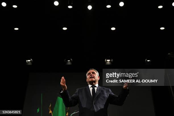 French right-wing Les Republicains party's member and head of the Hauts-de-France regional council Xavier Bertrand delivers a speech on the launching...