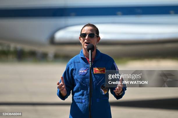 Astronaut Nicole Mann speaks at a press conference at the Kennedy Space Center, Florida, on October 1 ahead of the October 5 launch of a SpaceX...