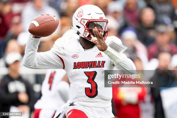 Malik Cunningham of the Louisville Cardinals throws during the first half of a game against the Boston College Eagles at Alumni Stadium on October 1,...
