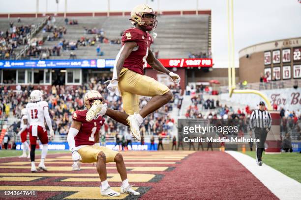 Zay Flowers of the Boston College Eagles reacts after scoring a touchdown that was later overturned during the first half of a game against the...