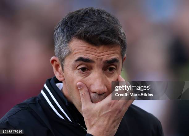 Bruno Lage manager of Wolverhampton Wanderers reacts during the Premier League match between West Ham United and Wolverhampton Wanderers at London...