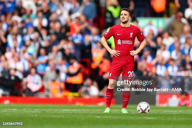 Dejected Diogo Jota of Liverpool during the Premier League match between Liverpool FC and Brighton & Hove Albion at Anfield on October 1, 2022 in...