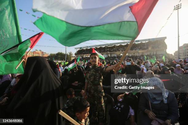 Supporters of the Palestinian Hamas movement gather during a rally in solidarity with al-Aqsa mosque on October 1, 2022 in Gaza City, Gaza. The...