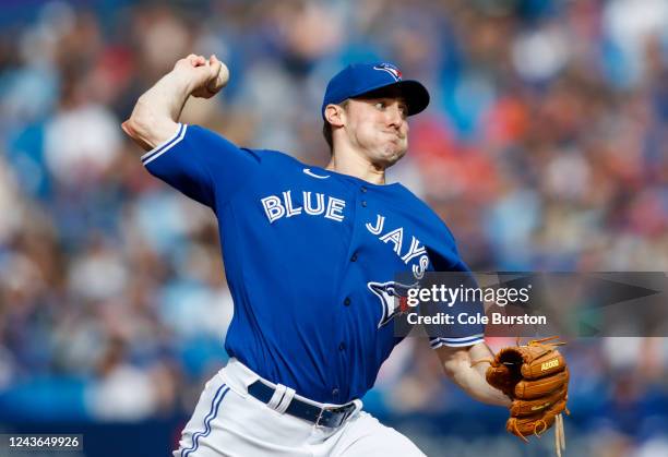 Ross Stripling of the Toronto Blue Jays pitches in the first inning of their MLB game against the Boston Red Sox at Rogers Centre on October 1, 2022...