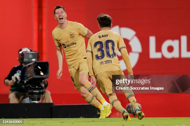 Robert Lewandowski of FC Barcelona celebrating 0-1 with Gavi of FC Barcelona during the La Liga Santander match between Real Mallorca v FC Barcelona...