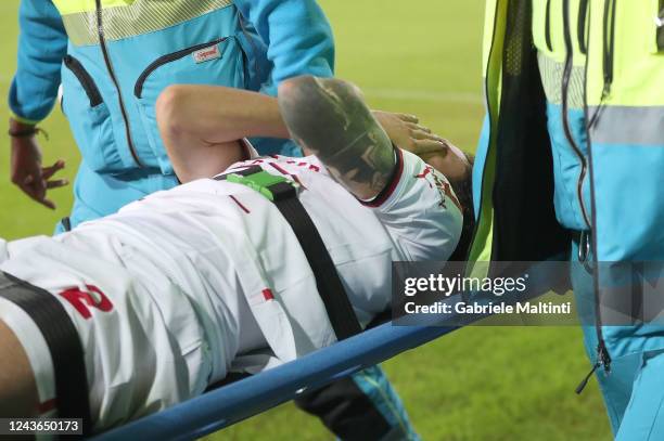 Davide Calabria of AC Milan injured during the Serie A match between Empoli FC and AC MIlan at Stadio Carlo Castellani on October 1, 2022 in Empoli,...