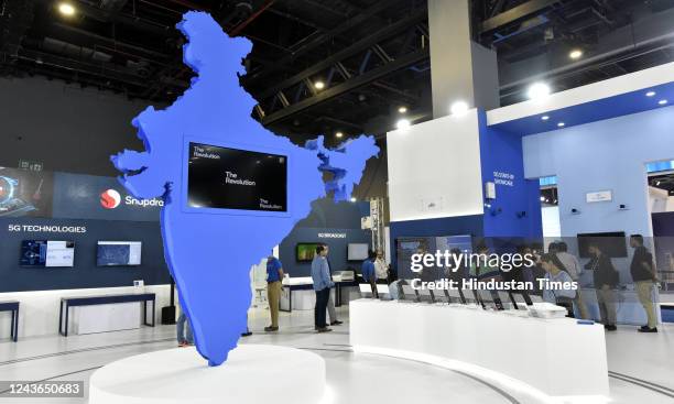 People visit and look India Mobile congress after Prime Minister Narendra Modi inaugurating sixth edition of India Mobile Congress 2022 and launching...