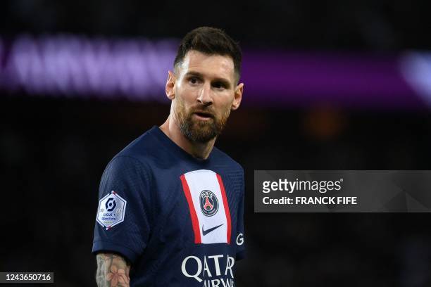 Paris Saint-Germain's Argentine forward Lionel Messi looks on during the French L1 football match between Paris Saint-Germain and OGC Nice at The...